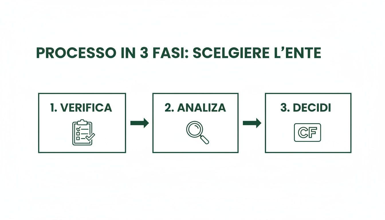 Diagramma di flusso che illustra un processo in 3 fasi per scegliere un ente: verifica, analizza e decidi.