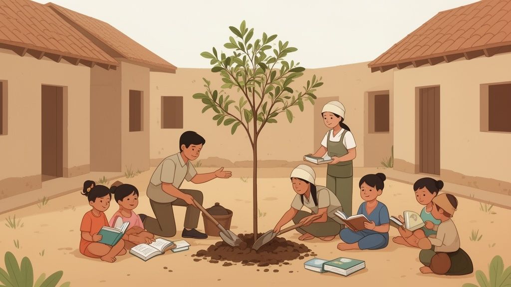 Illustrazione di persone che piantano un albero e bambini che leggono libri in un villaggio.