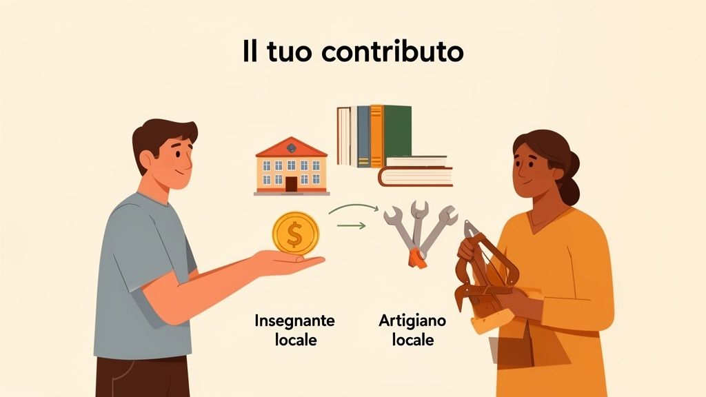 Illustrazione del tuo contributo che supporta un insegnante locale (scuola, libri) e un artigiano locale (strumenti).