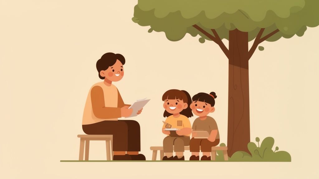 Un adulto sorridente legge un libro a due bambine felici sedute su sgabelli sotto un grande albero.