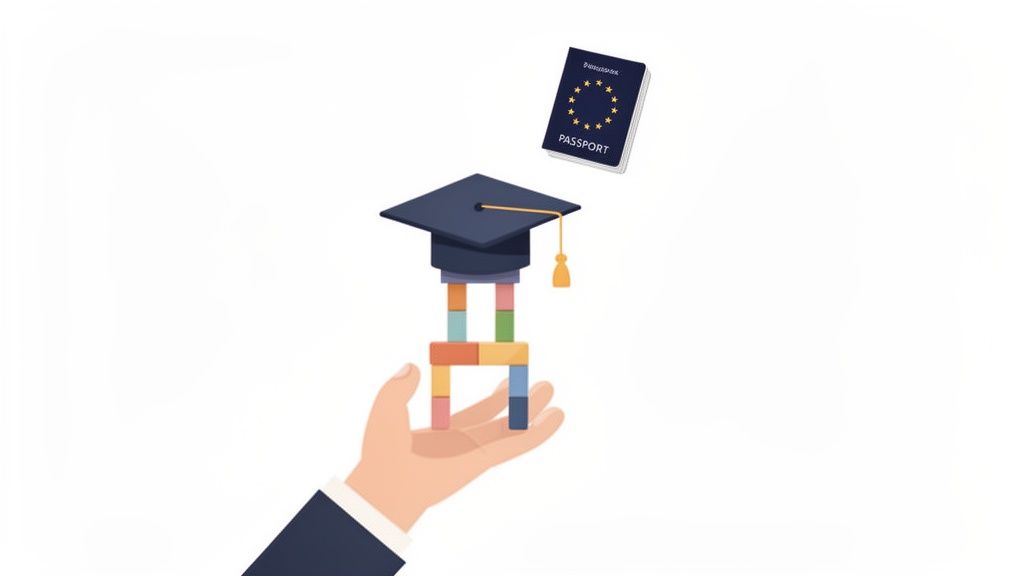 Una mano sostiene blocchi colorati, un cappello da laurea e un passaporto UE, simboleggiando istruzione e opportunità internazionali.