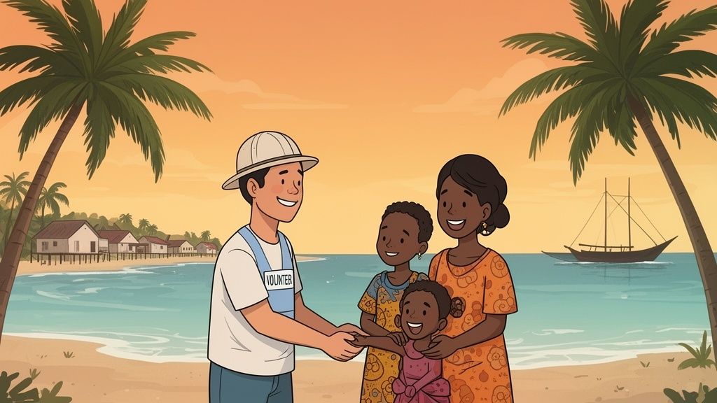 Un volontario sorridente stringe la mano a una madre e ai suoi due bambini su una spiaggia tropicale al tramonto.