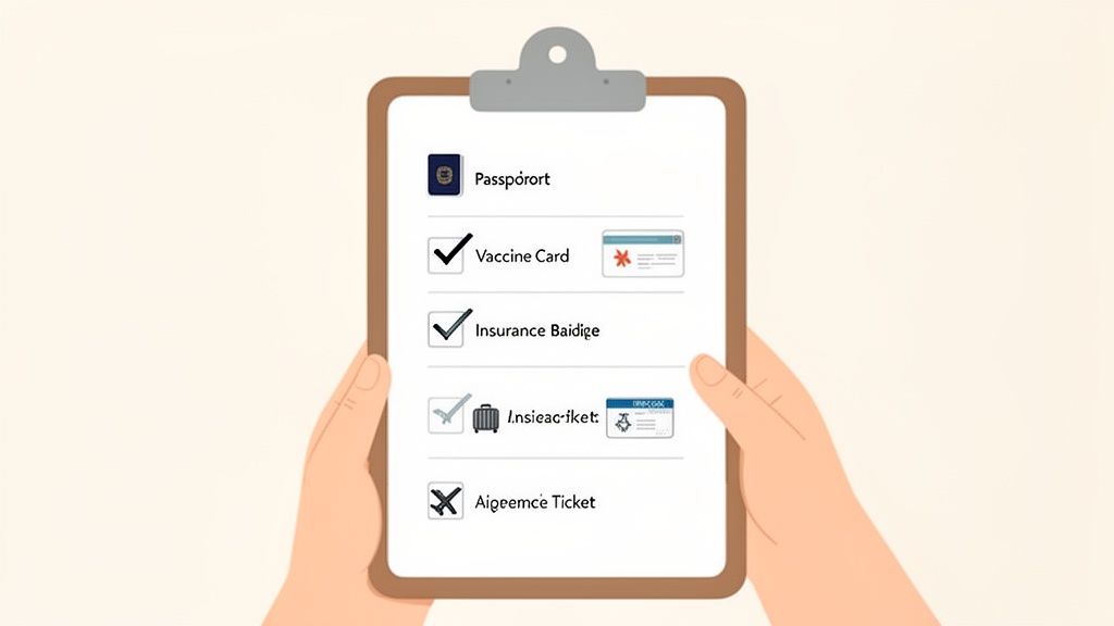 Mani che tengono una clipboard con una checklist di documenti essenziali per il viaggio, inclusi passaporto e vaccino.