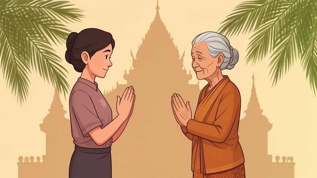 Due donne di diverse età si scambiano un saluto tradizionale (Wai) davanti a un tempio tailandese.