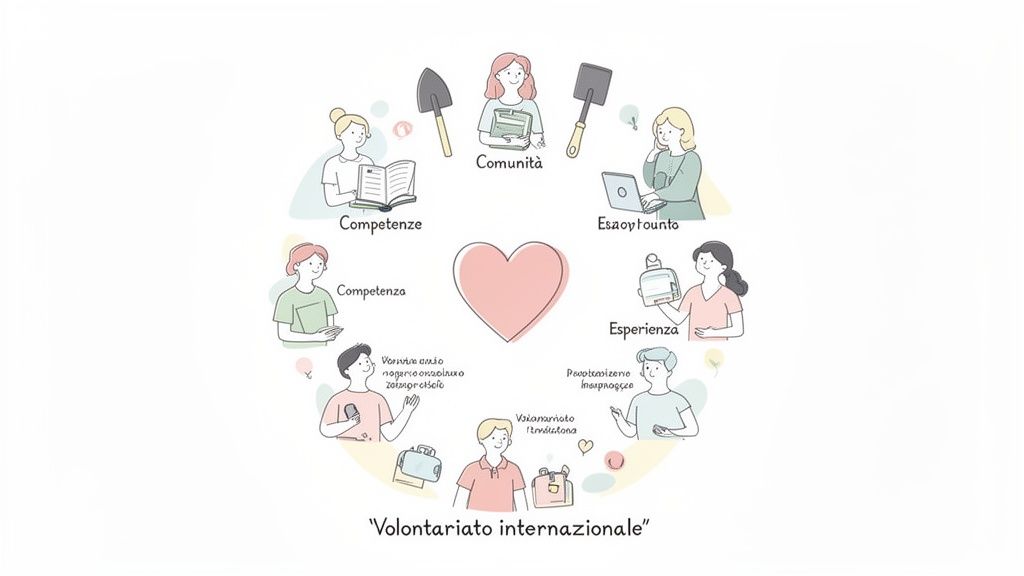 Illustrazione di persone diverse, simboli e parole chiave che ruotano attorno a un cuore, rappresentando il volontariato internazionale.