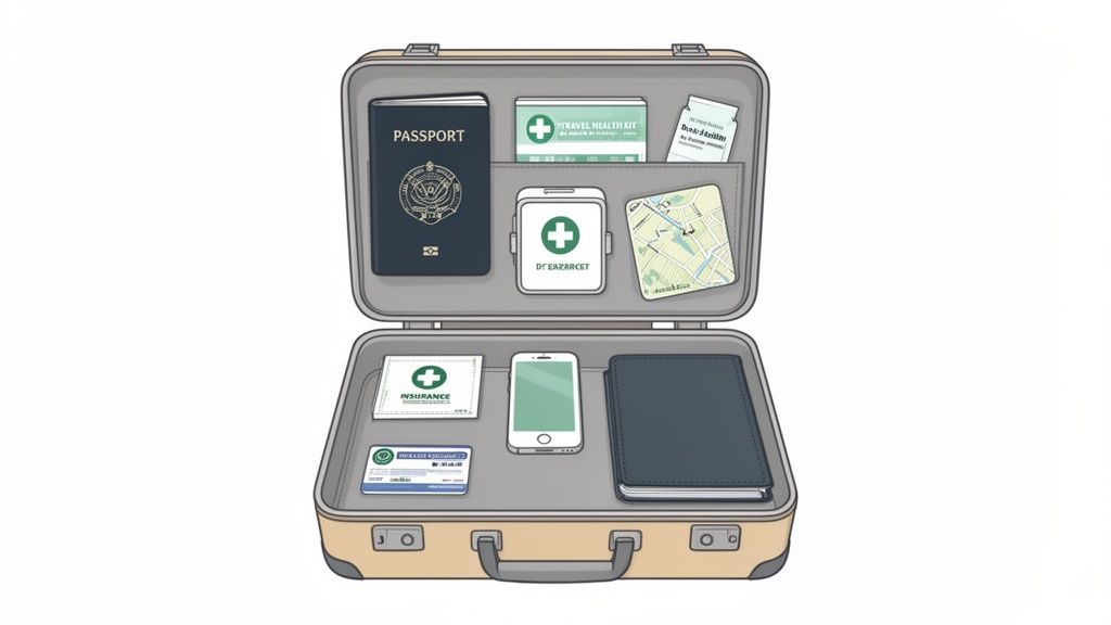 Valigia aperta con passaporto, kit sanitario, mappa e altri oggetti essenziali per il viaggio.