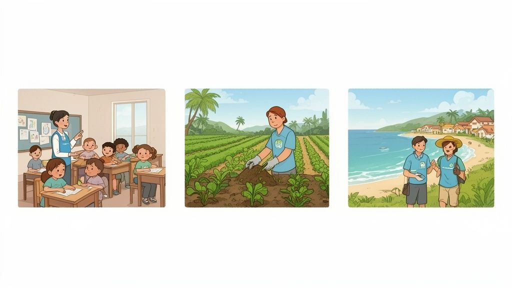 Tre vignette mostrano il servizio civile: bambini in classe, una persona che lavora nel campo e due persone su una spiaggia.