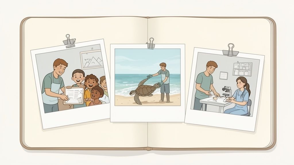 Tre foto Polaroid che mostrano volontariato: educazione, salvataggio di tartarughe marine e ricerca scientifica.