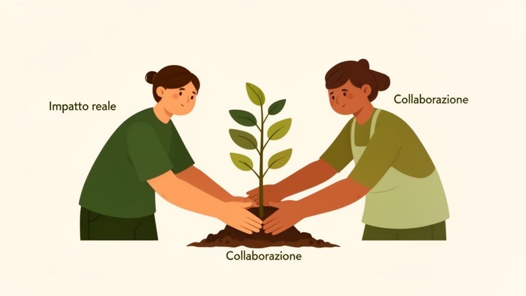 Due persone piantano un albero insieme, simboleggiando collaborazione e impatto reale sull'ambiente.
