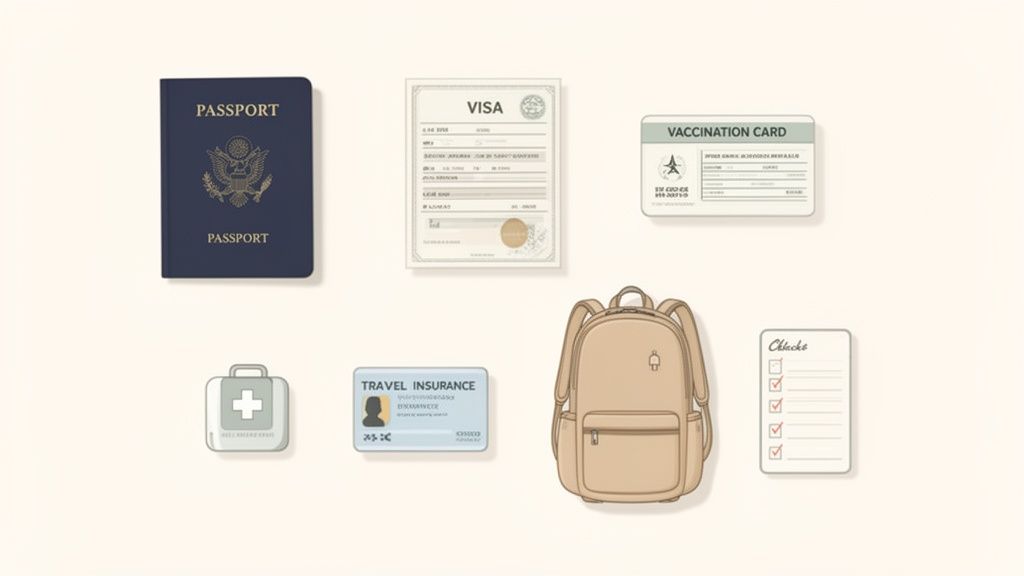 Documenti e oggetti essenziali per il viaggio: passaporto, visto, tessera vaccinale, assicurazione, kit di pronto soccorso e zaino.