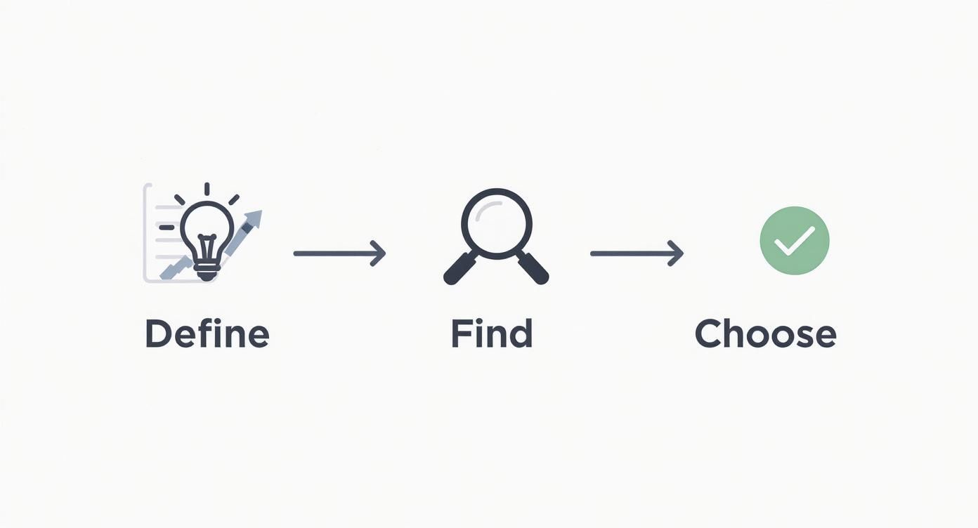 Three-step process workflow showing define with lightbulb, find with magnifying glass, and choose with checkmark icons