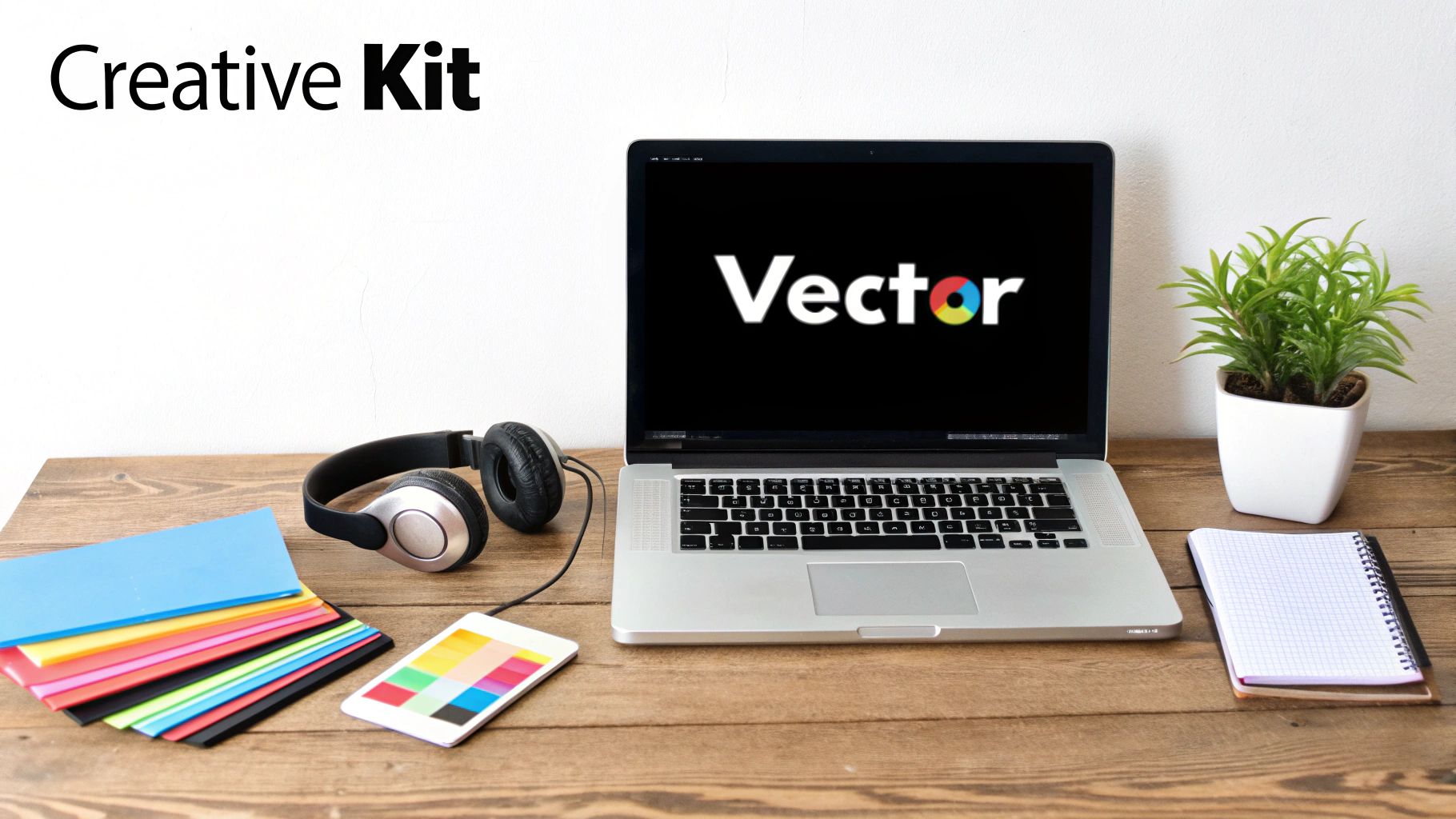 A collection of creative assets like a logo, color palette, and sound waves on a desk