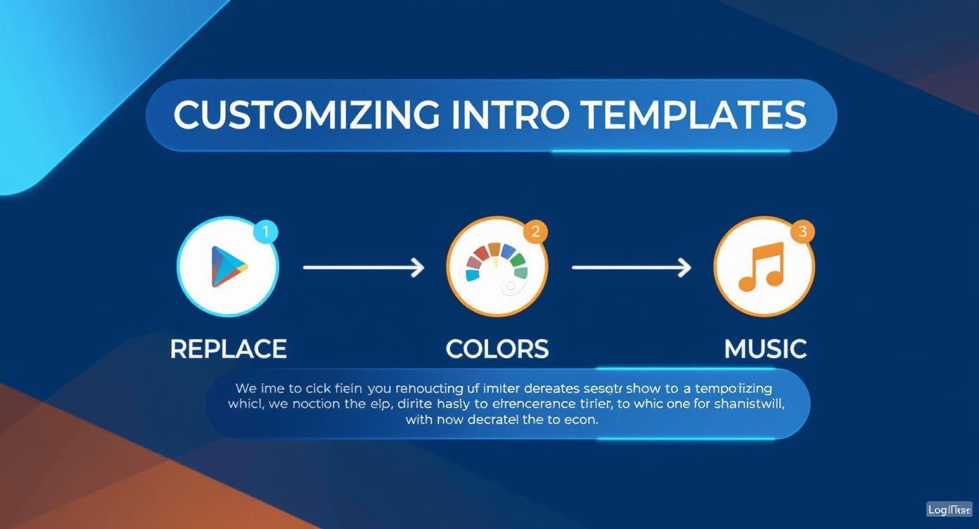 Infographic showing the customization process for an After Effects intro template with steps for replacing the logo, changing colors, and adding music.
