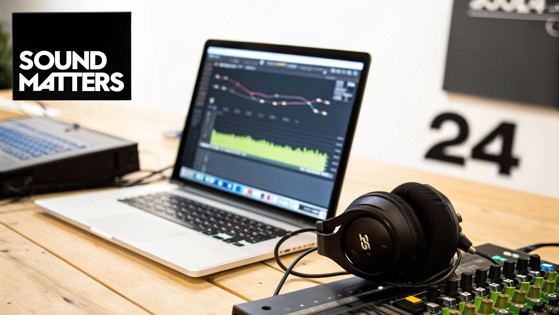 Woman wearing headphones editing audio on a computer
