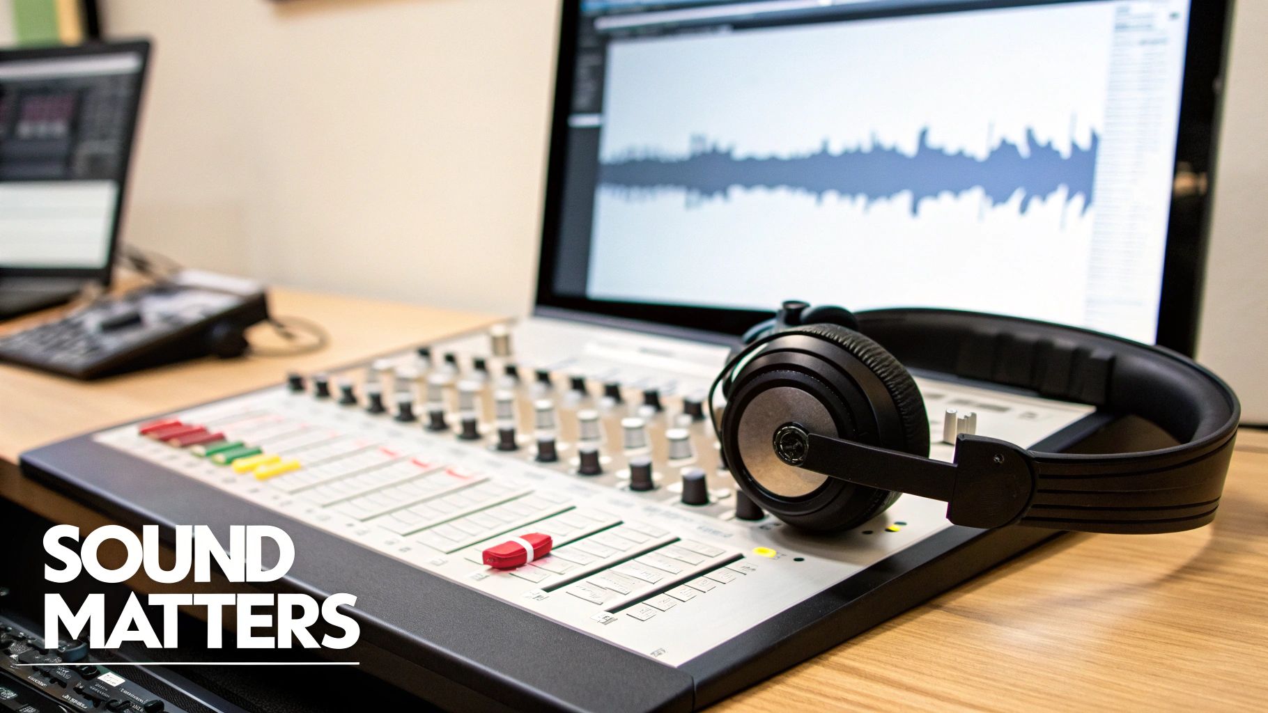 Professional audio mixing console with headphones and digital waveform display on computer screen