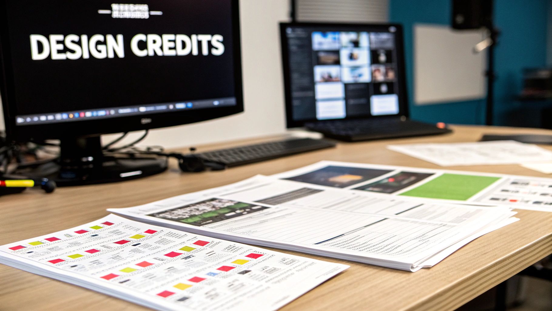 Design credits document displayed on desk with computer monitors showing video editing software workspace
