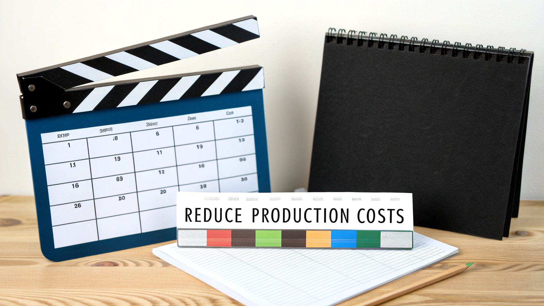 A person editing a video on a computer, with a calculator and piggy bank nearby, suggesting budget management.