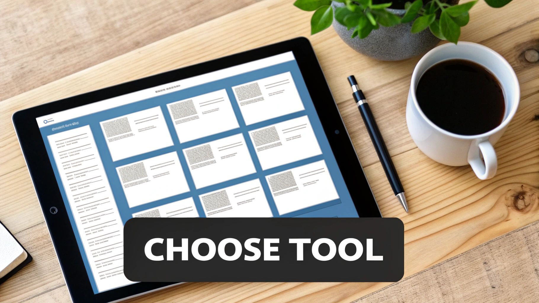 Tablet displaying document templates on wooden desk with coffee, pen, and plant for tool selection