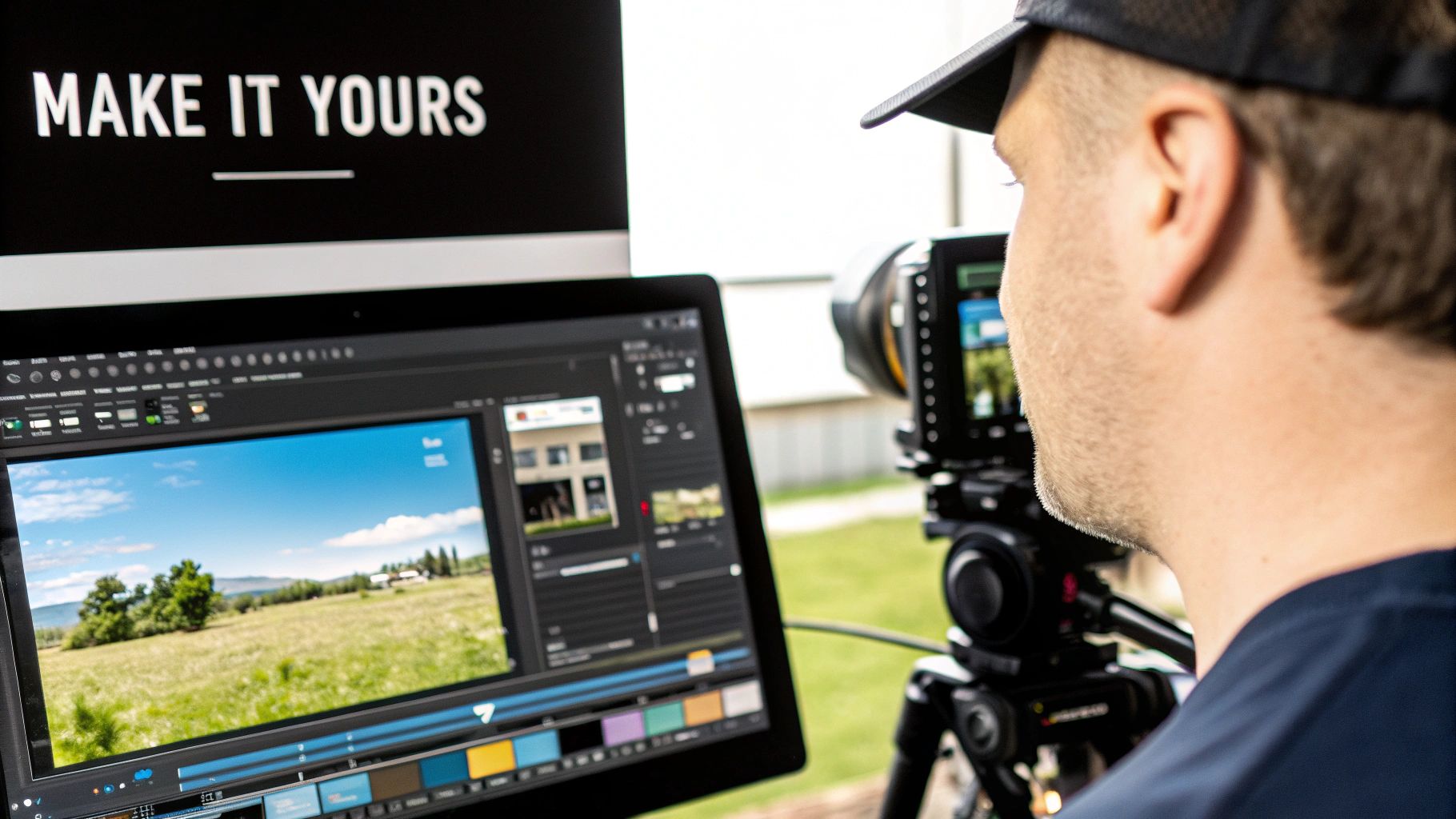 Video editor working on laptop with video editing software and professional camera on tripod