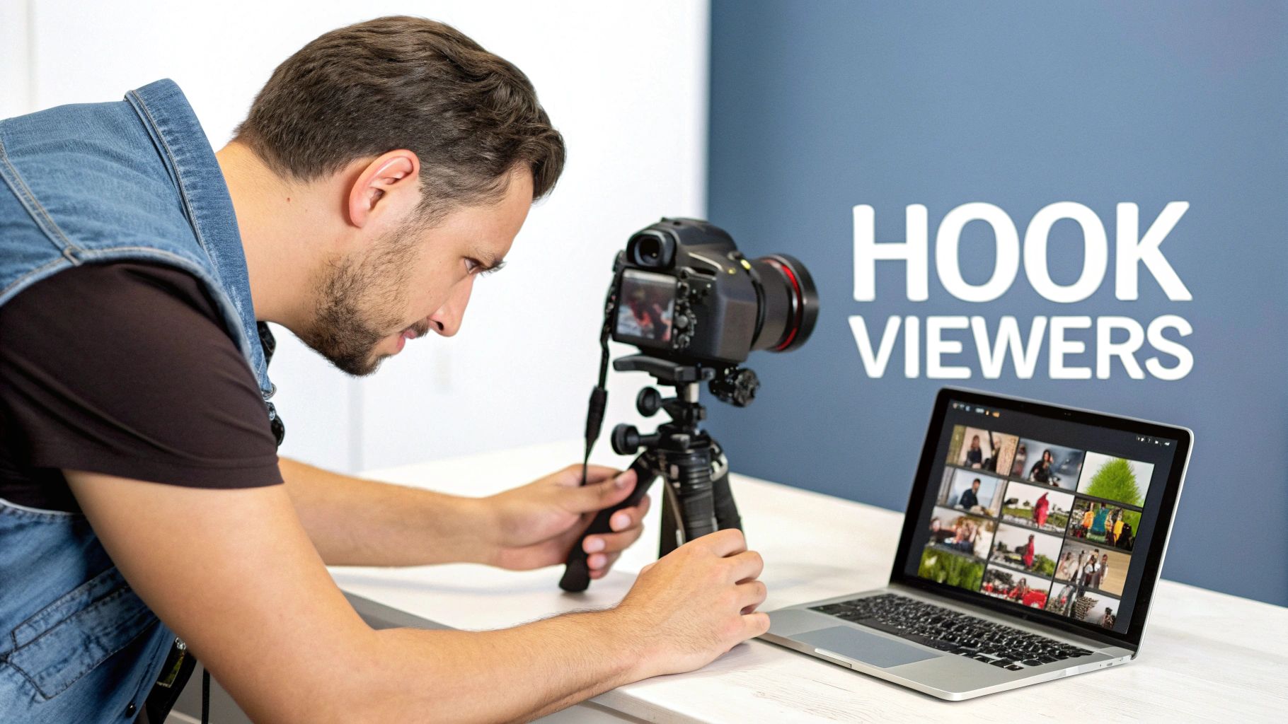 Content creator setting up camera on tripod for video production with laptop displaying thumbnails