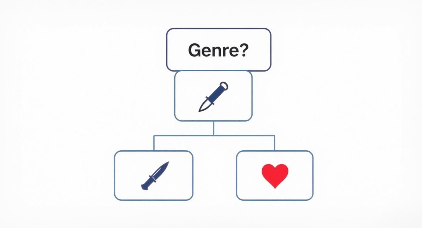 Infographic decision tree showing how genre choices like Thriller or Romance influence visual style for a movie intro.