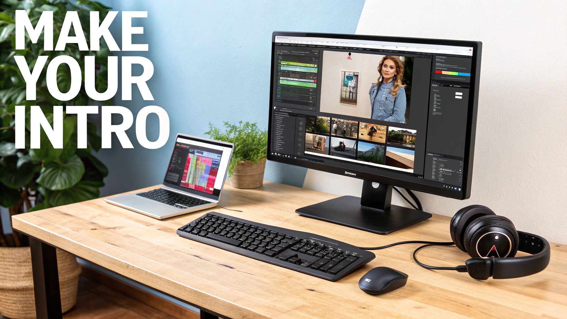 A person using a laptop to design a YouTube intro.