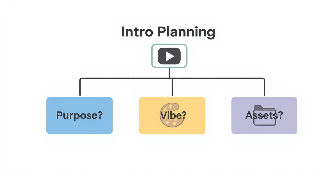 Flowchart showing intro planning process with three branches: purpose, vibe, and assets considerations