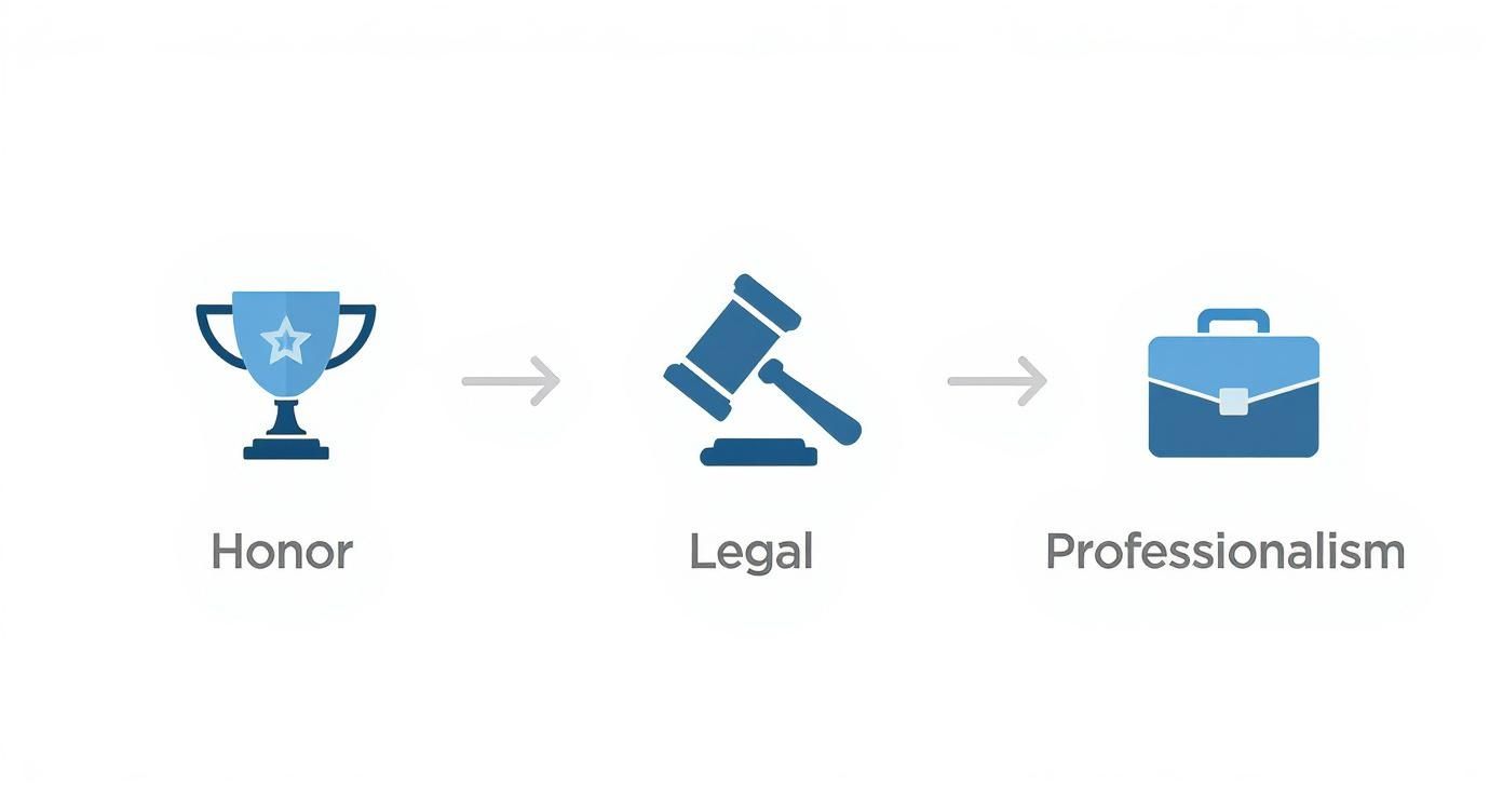 Visual progression showing trophy icon leading to gavel then briefcase representing honor legal and professionalism