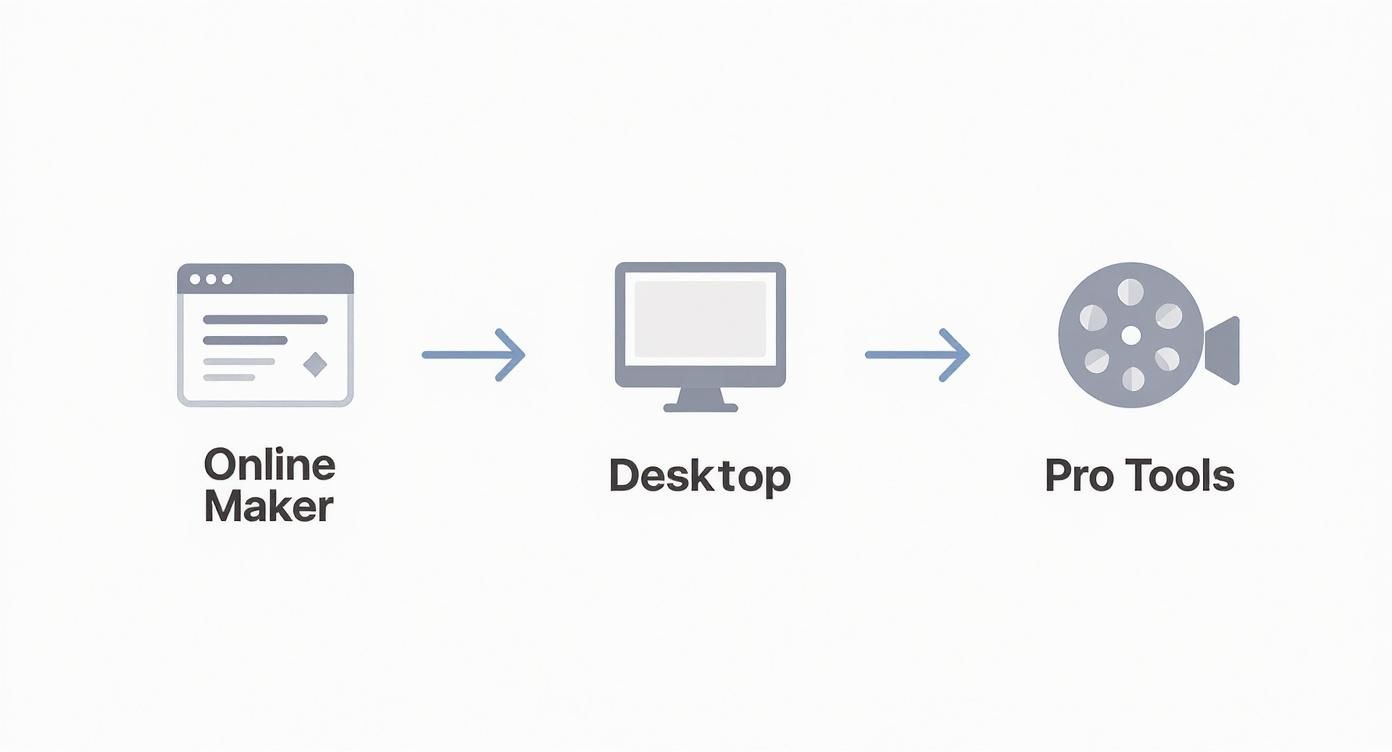 Workflow diagram showing progression from online maker to desktop software to professional video tools
