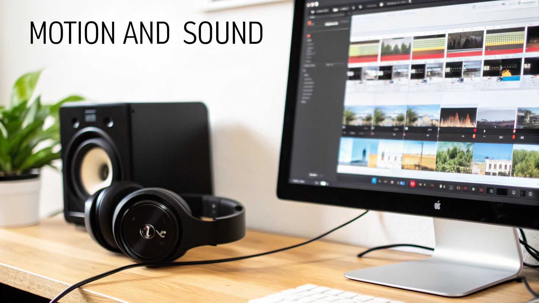 Video editing workspace with monitor displaying timeline, headphones, and studio speaker for audio production