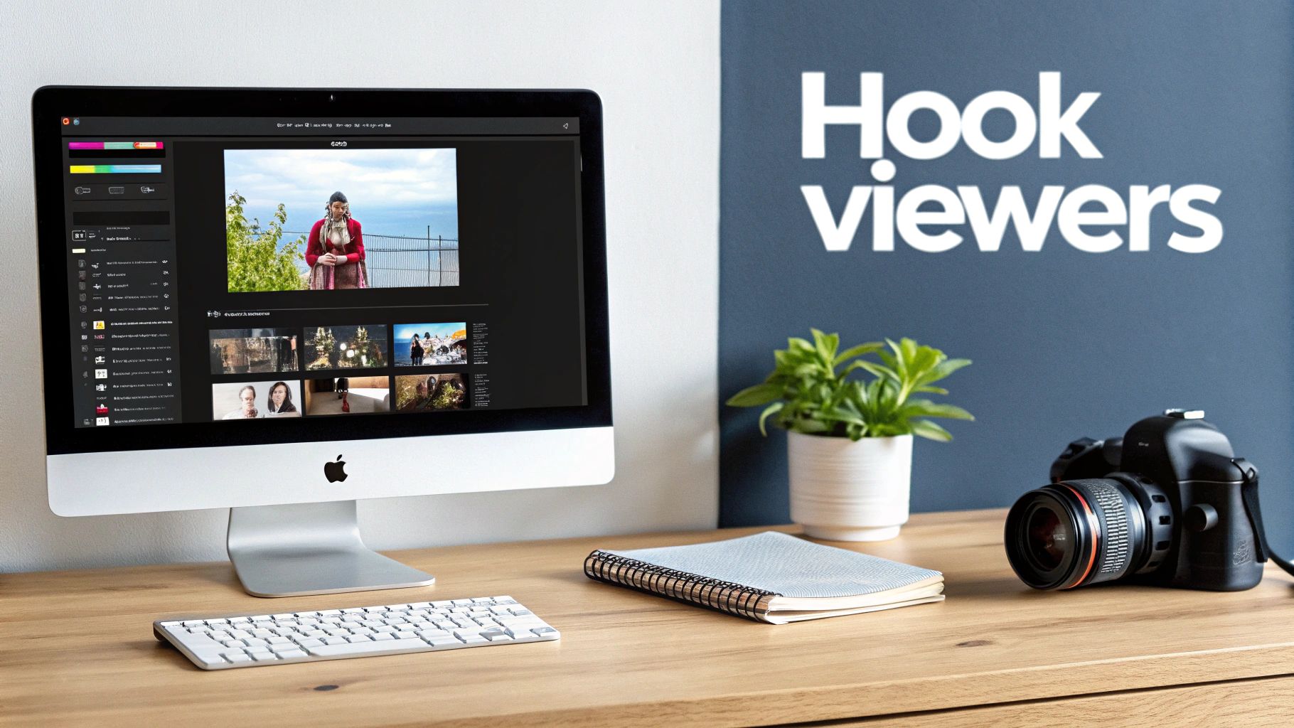 Video editing workspace with iMac displaying footage, camera, notebook, and Hook viewers motivational poster