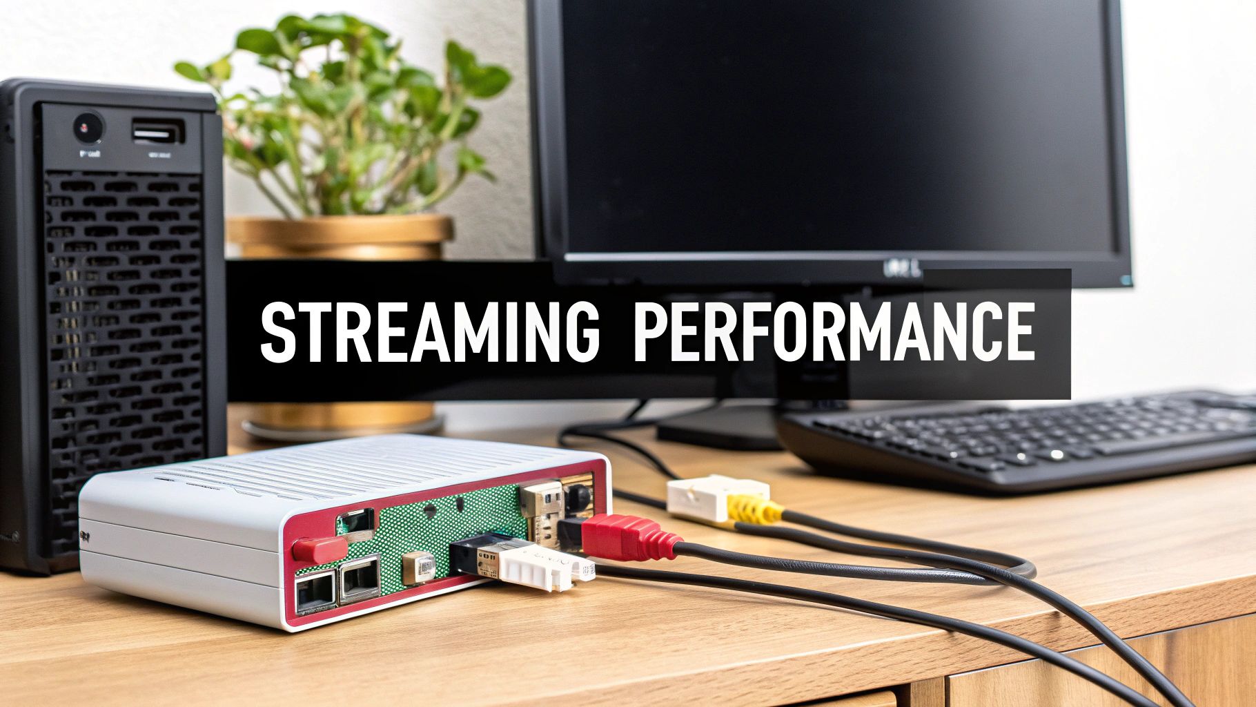 Several devices like a TV, laptop, tablet, and phone displaying media server interfaces