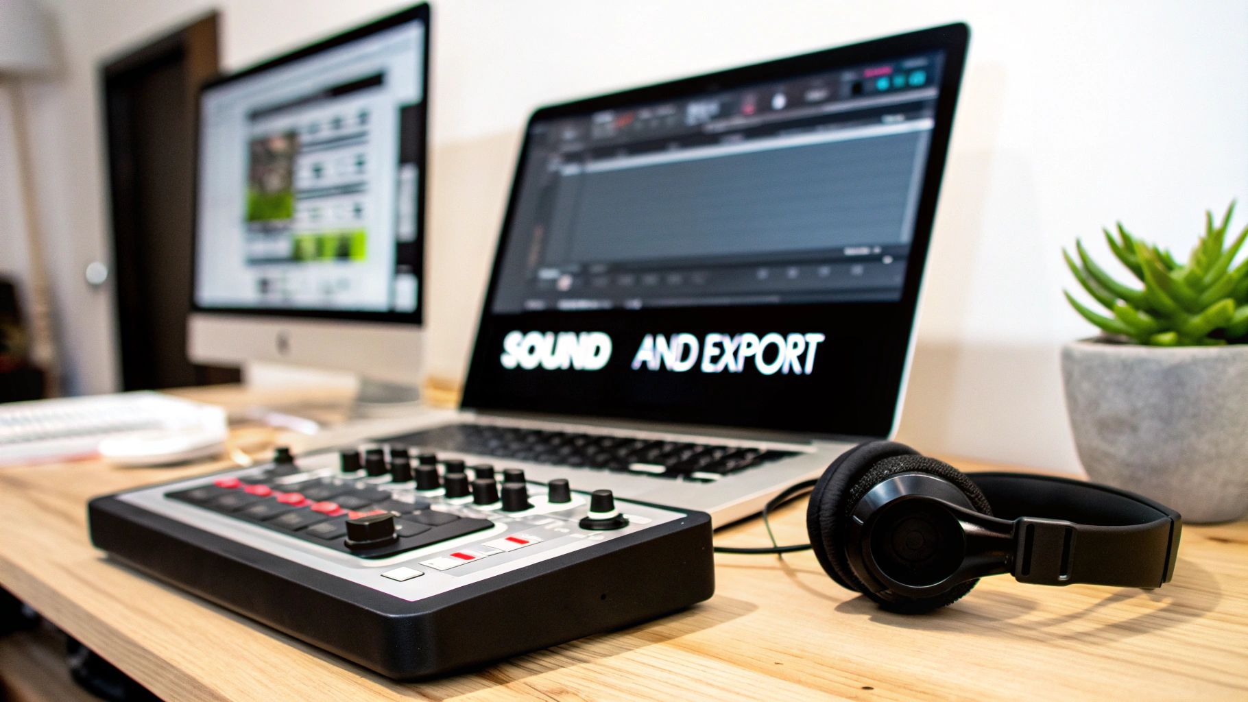 Audio production workstation with MIDI controller, headphones, and laptop displaying sound editing software