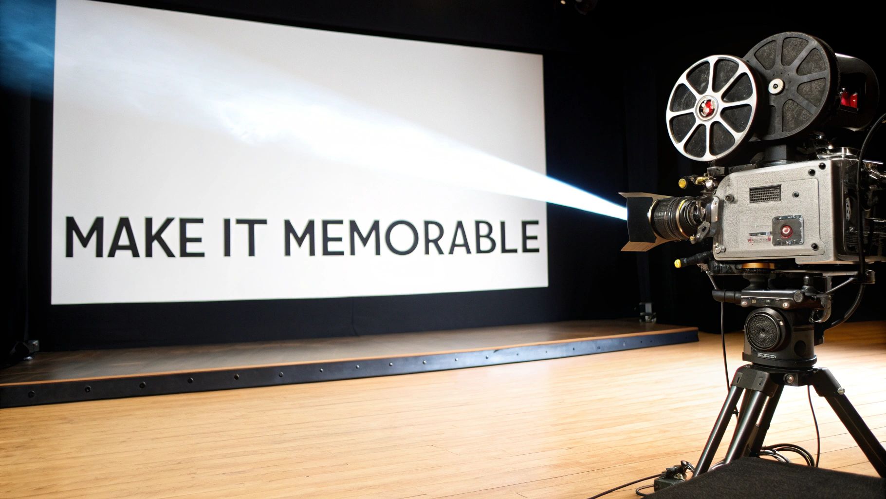Vintage film projector displaying Make It Memorable text on cinema screen in professional studio