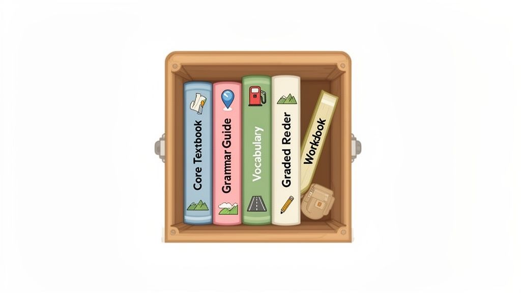 A wooden box neatly holds five educational books: Core Textbook, Grammar Guide, Vocabulary, Graded Reader, Workbook, and a small backpack.