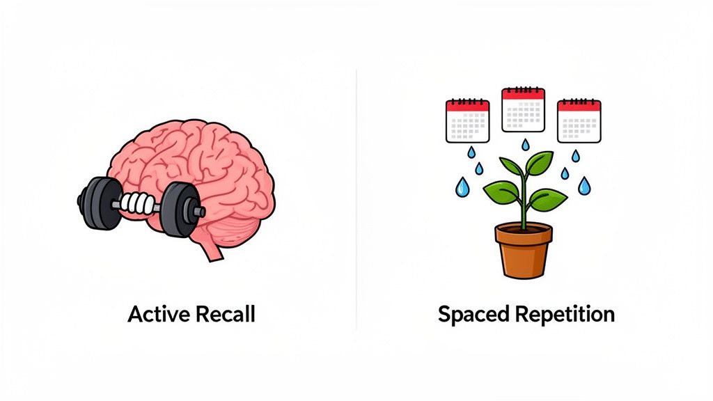 Illustration of active recall as a brain lifting a dumbbell and spaced repetition as a plant watered by calendars.