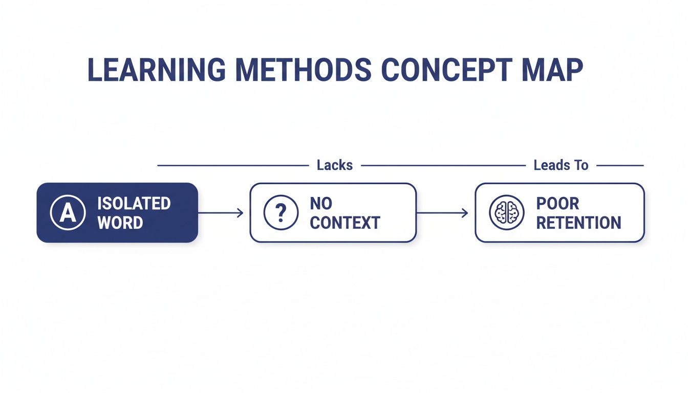 Learning methods concept map showing how isolated words without context lead to poor retention.