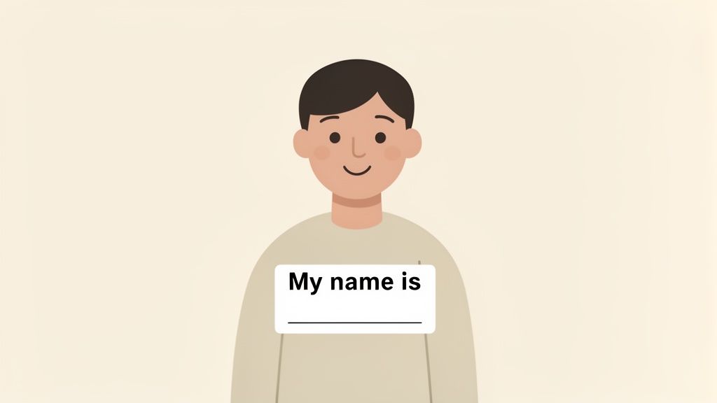 Cartoon illustration of a person wearing a name tag that says 'My name is' with a blank.