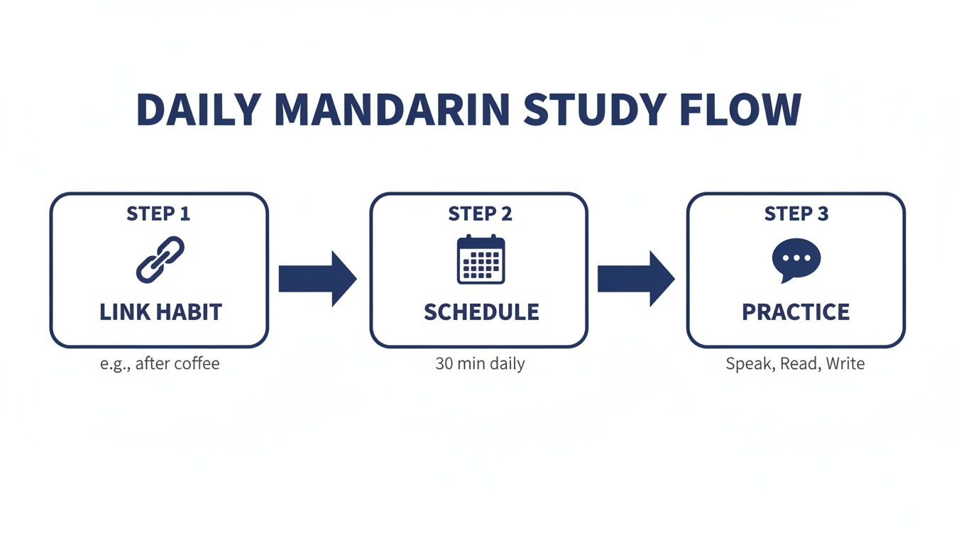 A diagram showing a 3-step daily Mandarin study flow: Link Habit, Schedule, and Practice.