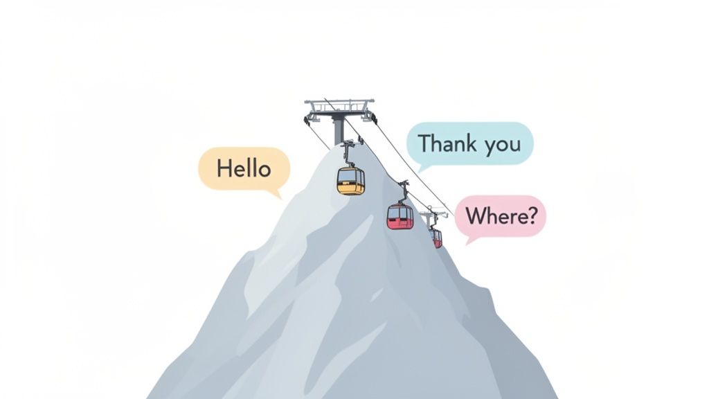 Gondola lift moving over a mountain, with speech bubbles displaying basic phrases: Hello, Thank you, Where?