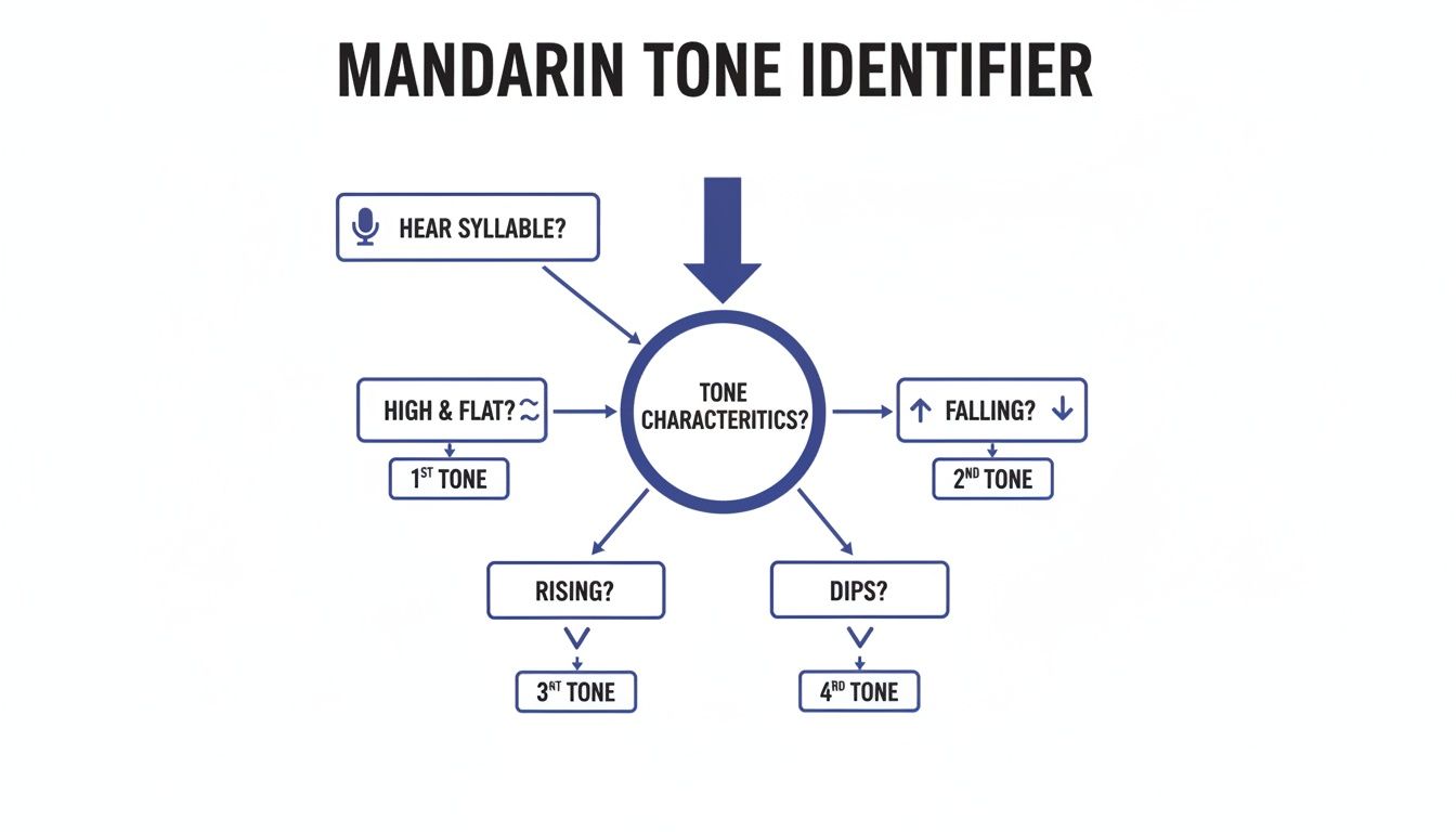 Flowchart illustrating Mandarin tone identification process, based on syllable characteristics: high, flat, rising, falling, and dipping.