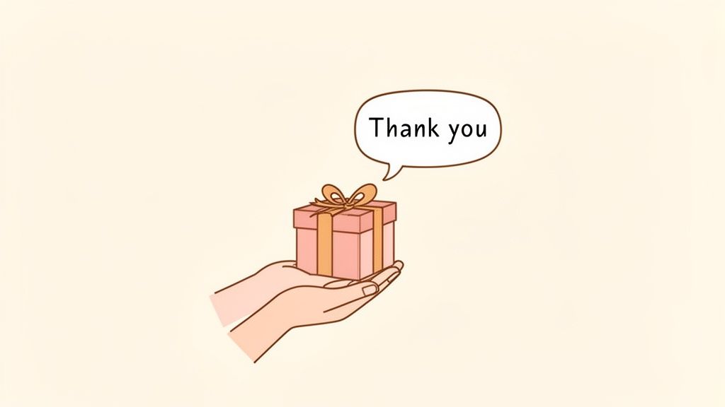 A pair of hands holding a pink gift box with an orange ribbon and a 'Thank you' speech bubble.
