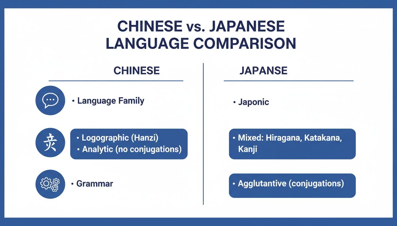 Comparison of Chinese and Japanese languages showing differences in family, writing systems, and grammar.