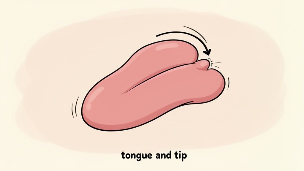 Cartoon drawing of a pink tongue with its tip curled upwards, indicating movement.