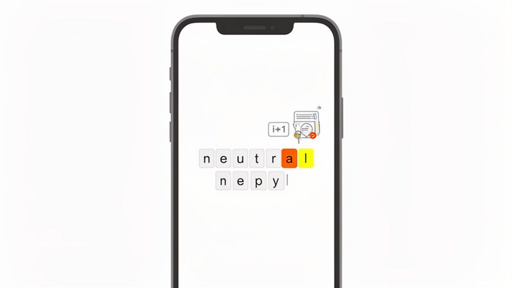 A smartphone screen displays a word game showing 'neutral' and 'nepy' with highlighted letters, plus an 'i+1' icon.