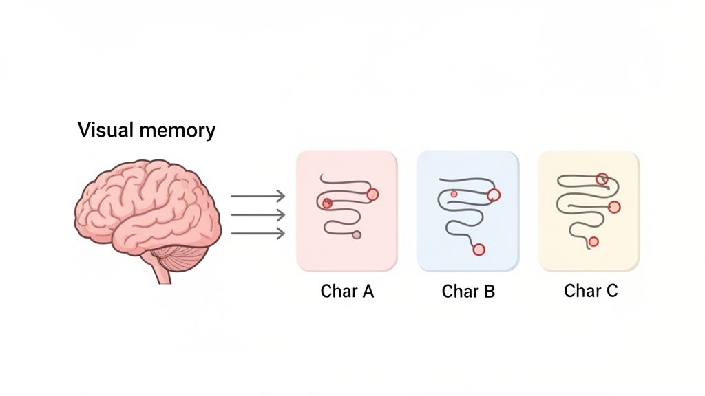 Diagram illustrating visual memory processing in the brain, mapping to different character representations (A, B, C).