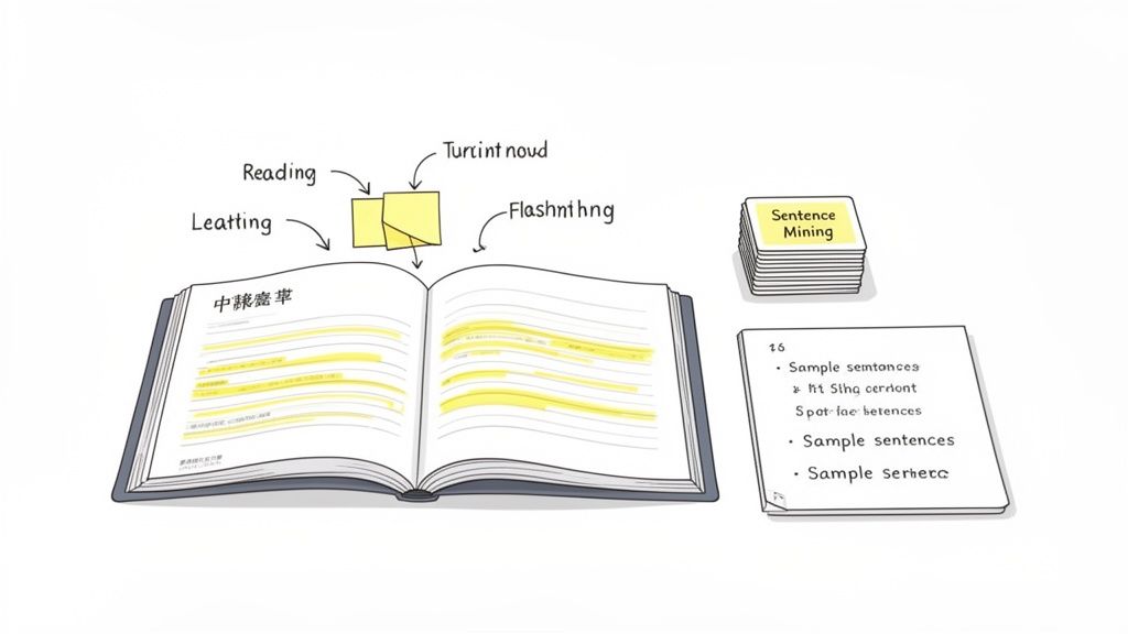 An illustration of Chinese language learning, featuring an open book with highlights, sticky notes, and flashcards for sentence mining.