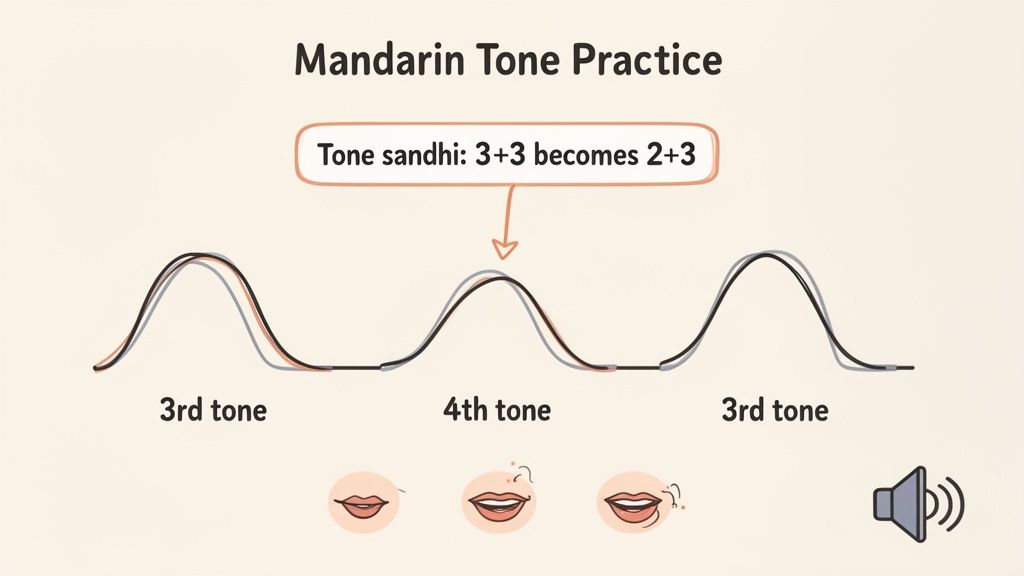 Educational graphic demonstrating Mandarin tone sandhi rule for 3rd tones with curves and mouth positions.