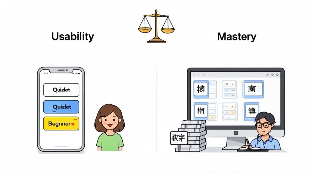 A balance scale comparing usability (Quizlet app, beginner-friendly) with mastery (Anki-like app, complex learning, books).