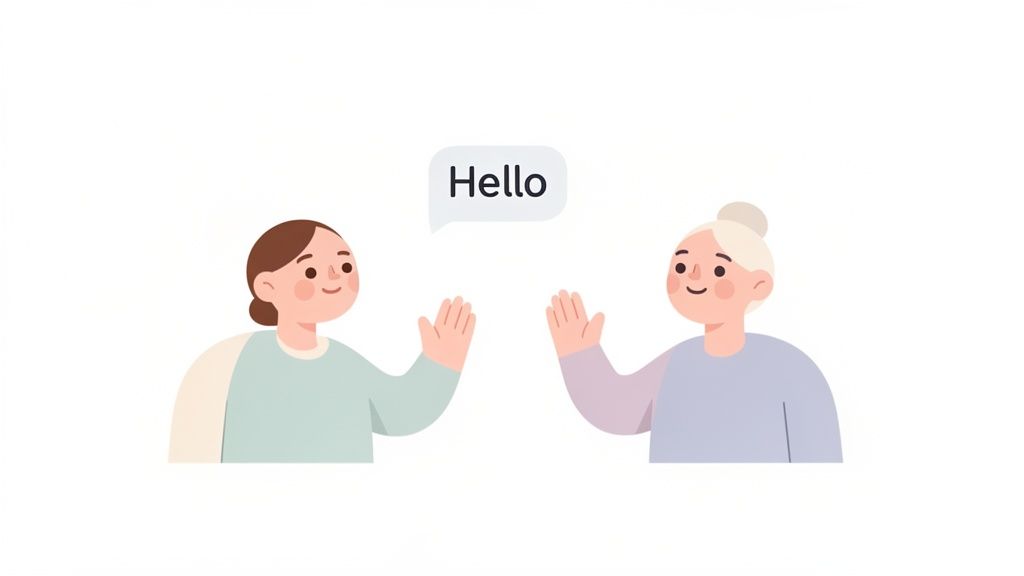 Two cheerful cartoon women wave at each other with a 'Hello' speech bubble.